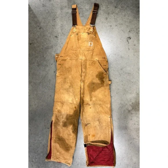 Vintage Carhartt Double Knee Insulated 38x32 Duck Canvas Overalls Distressed - Picture 1 of 13